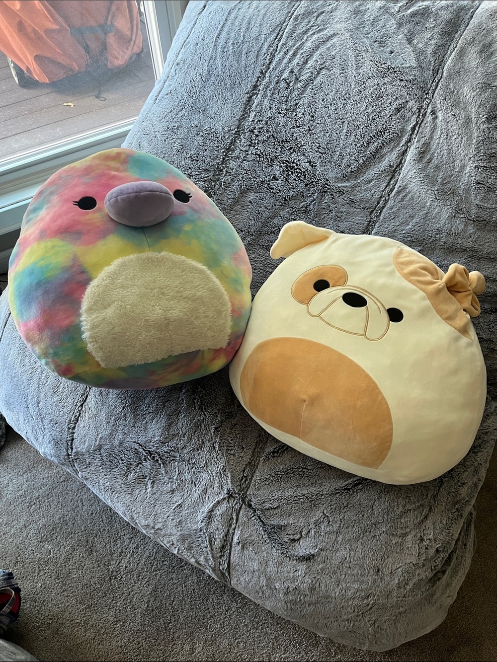 Squishmallows (2) - Plush Pet Pillows- Platypus Rainbow & Tan Dog - No Stains!